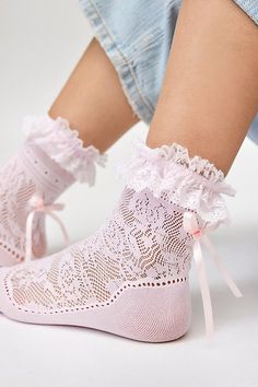 Coquette cool sheer lace socks embellished with tonal ruffles and bow detailing at the ankle. Features Ruffles & bows lace socks Statement sheer lace socks Embellished with tonal ruffles and a bow at the ankle Soft solid knit along the foot for comfort Content + Care 94% Nylon, 6% spandex Hand wash Imported Size + Fit Crew sock length | Ruffles & Bows Lace Sock in Pink, Women's at Urban Outfitters Cute Fun Socks, 1960s Coquette, Girly Socks, Lace Sock, Endless Fashion, Coquette Clothes, Statement Socks, Kawaii Socks, Romanticising Life