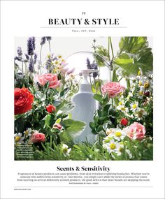 the front page of an article about beauty and style, with flowers in the foreground