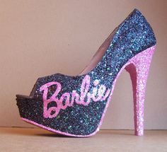 Black and Pink Barbie Glittered High Heels by TattooedMary on Etsy Muses Shoes, Hak Tinggi, Glitter High Heels, Black Peep Toe Heels, Barbie Shoes, Sparkly Shoes, Glitter Heels, Black Barbie, Glitter Shoes