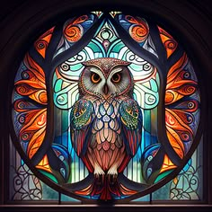 an owl sitting on top of a stained glass window