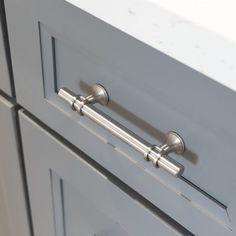 a close up of a drawer with handles and knobs on the front door,