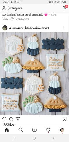 an instagram page with cookies decorated like pumpkins and fall leaves on it, including the names of each cookie