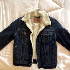 Levi’s Sherpa Lined Denim Jacket Size Xs, Never Worn, In New Condition Levi's Dark Wash Cotton Outerwear, Levi's Denim Jacket For Winter, Blue Cotton Denim Jacket For Cold Weather, Levi's Denim Blue Winter Jacket, Levi's Denim Winter Outerwear, Levi's Denim Blue Jacket For Winter, Denim Sherpa Jacket Outfit, Sherpa Jacket Outfit, Levis Sherpa Jacket