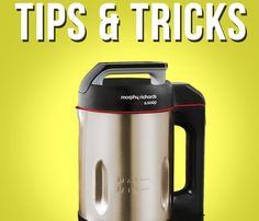 an electric kettle with the words tips and tricks on it, in front of a yellow background