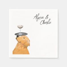 a greeting card with a dog wearing a wine glass on its head and the words, alea & charlie above it