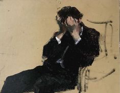 a painting of a man sitting on a chair talking on a cell phone with his hand to his face