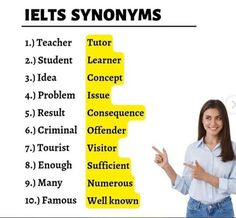 a woman pointing to the side of a chart with words on it that say ielts syonyms