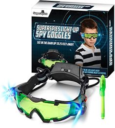 a pair of safety goggles in front of a box with green light up glasses