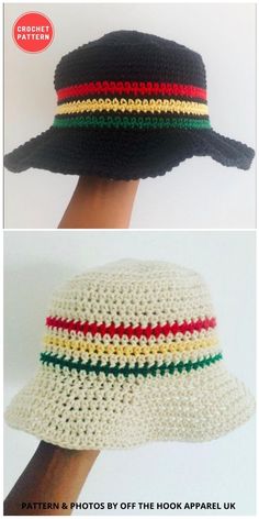 crocheted hats with different colors and patterns are shown in two pictures, one is black