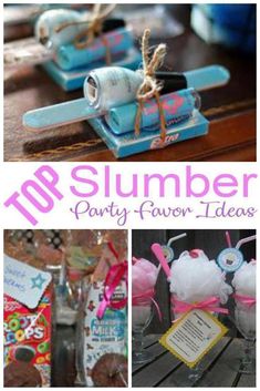 the top slumber party favors and decorations are on display in this collage with text overlay