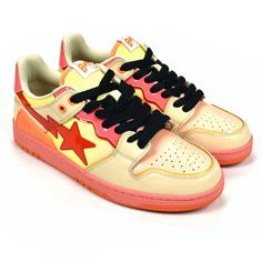 Bape Pink Shoes, Pink Bape Sneakers, Bapesta Shoes Brown, Bape Star Shoes Orange, Bape Shoes Red Blue Yellow, Yellow Shoes Outfit, Bape Star, Bape Sneakers, Sneakers Nike Jordan