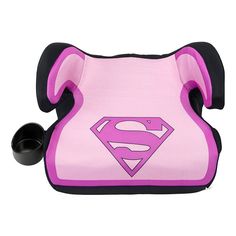 a pink and black booster seat with a superman symbol on it