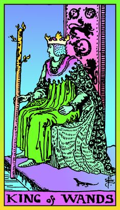 the king of wands tarot card is shown in green and purple colors, with an image of a woman sitting on a throne