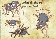 some kind of spider sketches on a piece of paper with words above it that says, spider sketches 2 more cartoon