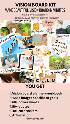 vision board kit printable Goals Vision Board Ideas, Vision Board Stickers, Vision Board Career, Health Vision Board, New Year Vision Board, New Year Vision, Year Vision Board, Beautiful Vision Boards