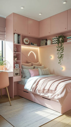 a bedroom with pink walls and white bedding in the corner, along with shelves on both sides