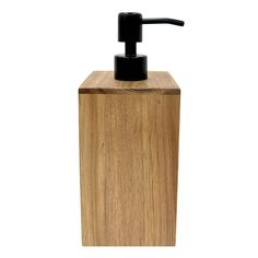 a soap dispenser made out of wood and black plastic bottle on white background