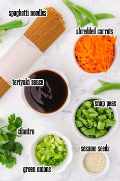 the ingredients to make stir fry in bowls on a white counter top with text overlay