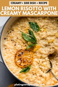 a bowl filled with creamy risotto and topped with an orange slice on top