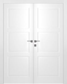 two white double doors with metal handles