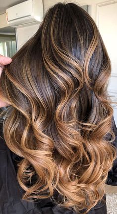 the back of a woman's head with long, wavy hair in brown and blonde tones