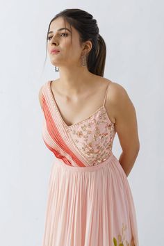 Buy Suruchi Parakh Pink Georgette Crepe Hand Painted Gown Online | Aza Fashions Saree Dress Gowns, Reception Cocktail, V Neck Gown, Pink Gown, Fancy Gowns, Gown For Women, Frock For Women, Indian Saree Blouses Designs, Indian Gowns