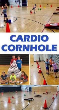 several pictures of children playing in an indoor gym with cones and cones on the floor