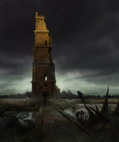 an old tower with a bird sitting on it's side in the middle of a field