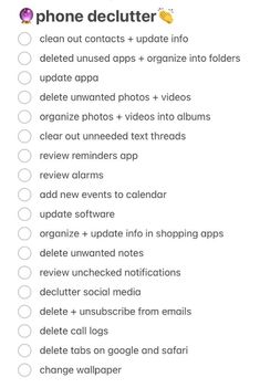 the phone declutter checklist is shown in this screenshot with text on it