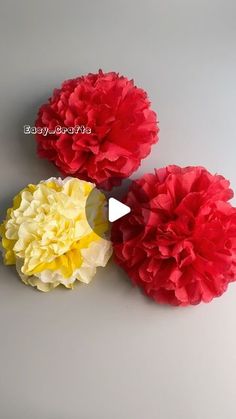 three red, yellow and white flowers on a gray surface