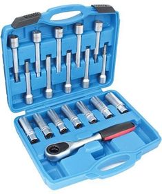 a tool set in a blue case filled with tools