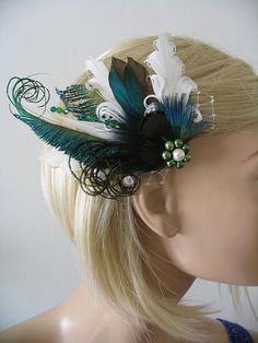 White Green Teal Duck and Peacock Feathers Fascinator Hair Clip "Reva" Bridal Wedding Rustic Barn Co Whimsical Adjustable Headband For Wedding, Bohemian Adjustable Fascinator For Weddings, Bohemian Wedding Headband With Handmade Flowers, Green Headband Fascinator For Wedding, Green Headband For Wedding, Green Wedding Headband Hair Accessory, Adjustable Feather Hair Accessories For Wedding, Adjustable Feathered Hair Accessories For Wedding, Wedding Feather Headband Hair Accessories