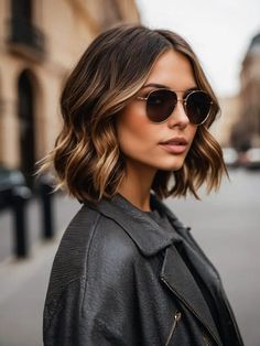 Brunette Medium Length Balayage Hair, Short Hair Color Ideas Brown, Chestnut Brown Hair With Highlights Bob, Brunette Bob Haircut With Highlights, Ombre Balayage Hair Medium Length, Bob Hair Balayage Brunettes, Brunette With Blonde Ombre, Cropped Bob Hairstyles, 2024 Brown Hair Trends Summer