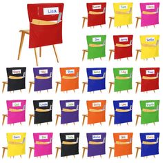 many different colored chairs with name tags on the back and sides, all in various colors