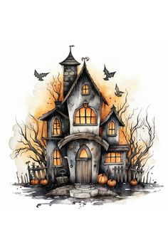 Watercolor Halloween  House Clipart Haunted House Watercolor Painting, Fall House Drawing, Halloween Art Watercolor, Halloween House Illustration, Halloween Decorations Drawings, Watercolor Art Halloween, Halloween Scene Drawing, Halloween House Painting, Happy Halloween Drawings