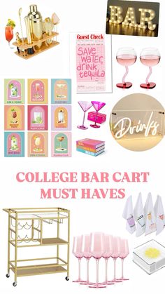 the collage has pink and gold items on it, including wine glasses, napkins,