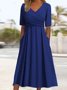 Women's Half Sleeve V-neck Solid Color Midi Dress Camilla Dress, Midi Dress Chic, Crossover Dress, European Dress, Cotton Blends Dress, Special Dresses, Formal Style, Blue Midi Dress, Spring Dress