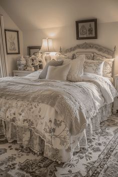 a large bed sitting inside of a bedroom on top of a rug