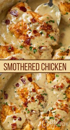 A collage of smothered chicken in gravy with crispy bacon on top. Smothered Chicken Recipe, Juicy Fried Chicken, Arabisk Mad, Resepi Biskut, Smothered Chicken, Fried Chicken Breast, Thigh Recipes, Think Food, Low Carb Paleo