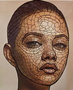 a drawing of a woman's face made up of squares and circles on it