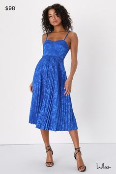 You'll never be lacking a stylish party dress when you've got the Lulus Chic Sensibility Cobalt Blue Satin Jacquard Pleated Midi Dress! Sleek woven satin, with floral embossing, shapes adjustable spaghetti straps that support a bustier-inspired bodice with a high waist. Skirt features elegant pleating as it falls to a midi hem. Hidden zipper/clasp at back. Fit: This garment fits true to size. Length: Knee to mid-calf length. Size medium measures 39" from top to bottom. Bust: Great for any cup si Wedding Guest Summer Dresses, Bright Formal Dress, Royal Blue Midi Dress For Party, Royal Blue Pleated Party Dress, Royal Blue Pleated Dress For Party, Semi Formal Dresses Blue, Blue Pleated Midi Dress For Night Out, Spring Gala Royal Blue Dress, Royal Blue Dress For Spring Gala