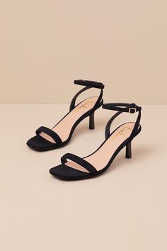 Stay comfortable and chic all through the day (and even into the evening) with the Lulus Ensley Black Suede Kitten Heel Ankle Strap Sandals! Soft faux suede shapes these eye-catching heels that feature a single sole silhouette, a square toe bed, and a slender toe strap. Matching straps sprout from the sides to wrap and secure around the ankle with a gold buckle, all atop a super cute kitten heel! 2. 75" Stiletto heel. Cushioned insole. Felted rubber sole has nonskid markings. Man made materials. Black Sandals Heels Ankle Straps, Low Heels Black, Small Black Heels, Kitten Heels Sandals, Senior Hoco, Hoco Ideas, Black Heels Low, Y2k Shoes, Heels Collection