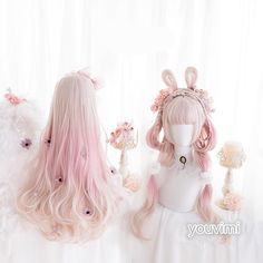 Ponytail Curly, Straight Wig With Bangs, Pastel Wig, Long Ponytail, Kawaii Wigs, Pink Halo, Long Straight Wig, Genshin Impact Cosplay, Pelo Anime