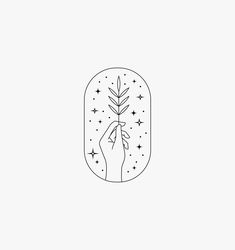 a hand holding a plant with stars in the sky above it on a white background