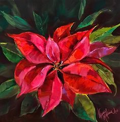 a painting of a red poinsettia with green leaves on it's petals