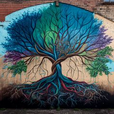 a large tree painted on the side of a building with lots of roots growing out of it