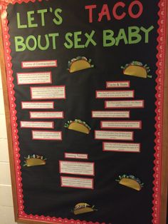 Sex Education RA Bulletin Board. The tacos are filled with condoms! Consent Bulletin Board Ra, Resident Assistant Bulletin Boards, Health Bulletin Boards, College Checklist, College Bulletin Boards, Human Body Unit