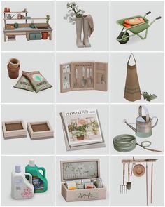 there are many different items in this set including pots, watering hoses and other things