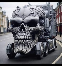 a large truck with a skull on the back of it's bed driving down a street