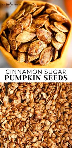 pumpkin seeds in a wooden bowl with the words cinnamon sugar pumpkin seeds on top and bottom